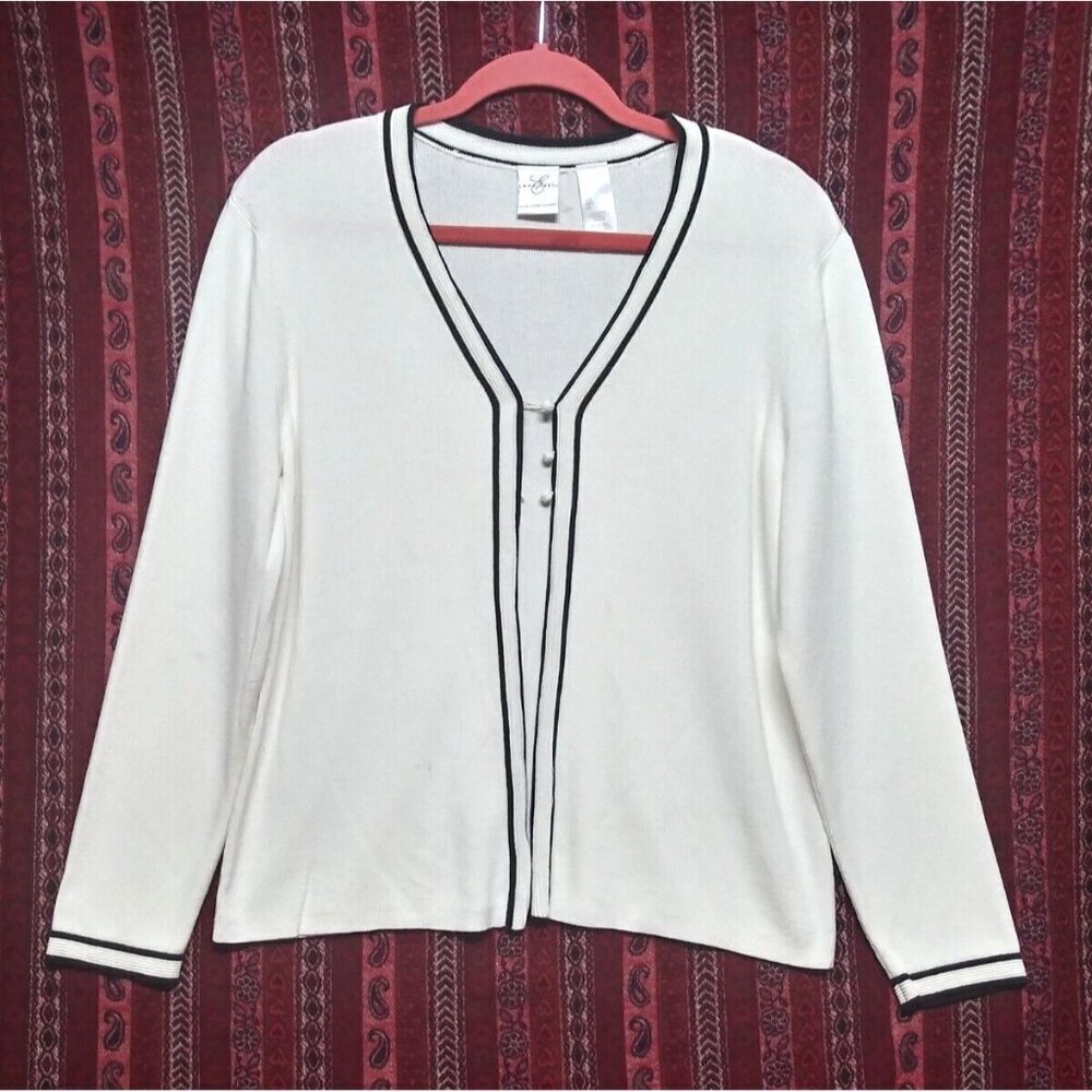 Emma James Cardigan Sweater Sz L Ivory w/black trim Long Sleeve Partial buttons